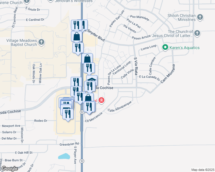 map of restaurants, bars, coffee shops, grocery stores, and more near 4319 Avenida Cochise in Sierra Vista