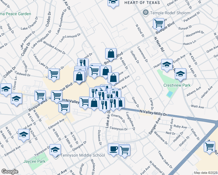 map of restaurants, bars, coffee shops, grocery stores, and more near 1210 Lake Air Drive in Waco
