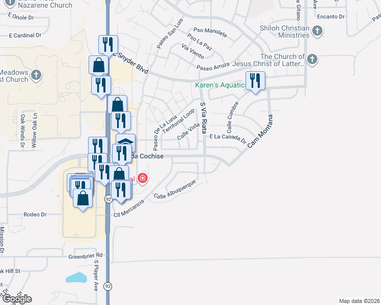 map of restaurants, bars, coffee shops, grocery stores, and more near 4700 Chaparral Loop in Sierra Vista