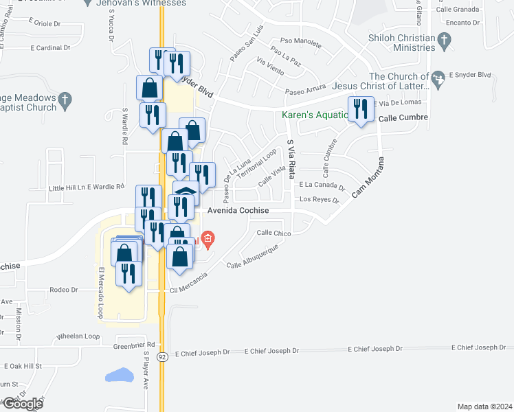map of restaurants, bars, coffee shops, grocery stores, and more near 4586 Chaparral Loop in Sierra Vista