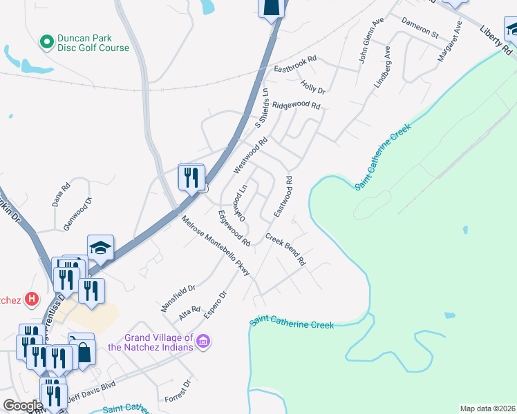 map of restaurants, bars, coffee shops, grocery stores, and more near 36 Maplewood Lane in Natchez