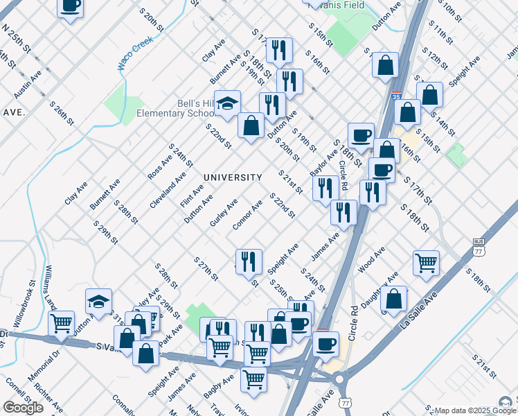map of restaurants, bars, coffee shops, grocery stores, and more near 2224 Connor Avenue in Waco