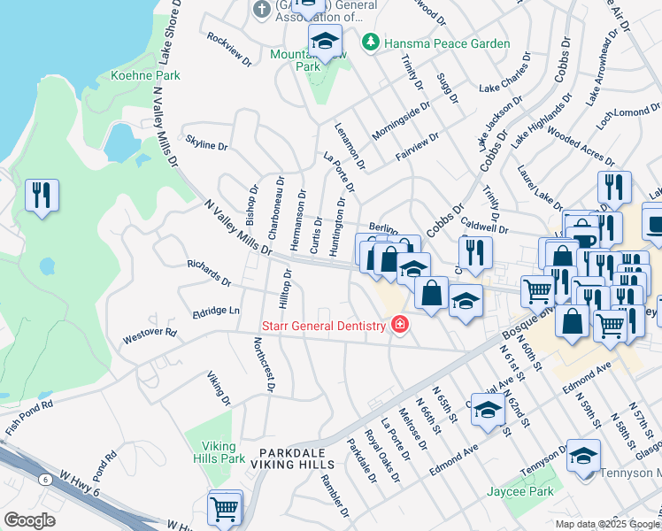 map of restaurants, bars, coffee shops, grocery stores, and more near 2250 North Valley Mills Drive in Waco