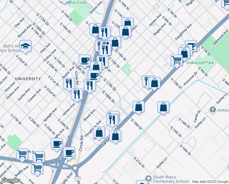 map of restaurants, bars, coffee shops, grocery stores, and more near 1903 South 17th Street in Waco