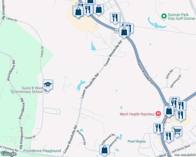 map of restaurants, bars, coffee shops, grocery stores, and more near 176 Lower Woodville Road in Natchez