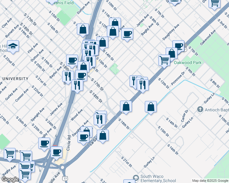map of restaurants, bars, coffee shops, grocery stores, and more near 1925 South 16th Street in Waco
