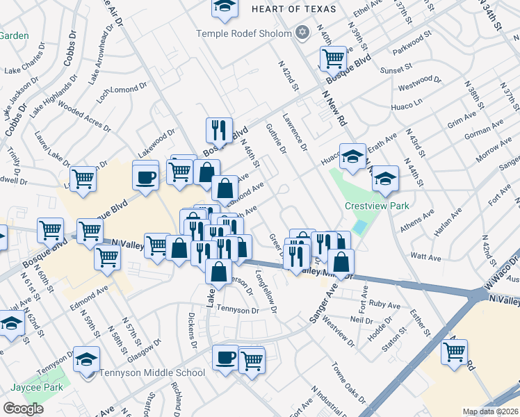 map of restaurants, bars, coffee shops, grocery stores, and more near 809 Greer Drive in Waco