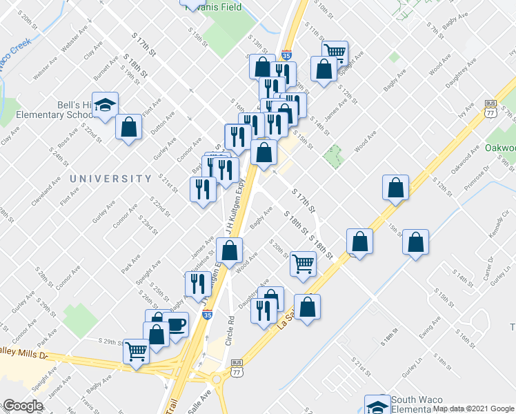 map of restaurants, bars, coffee shops, grocery stores, and more near 1720 South 19th Street in Waco
