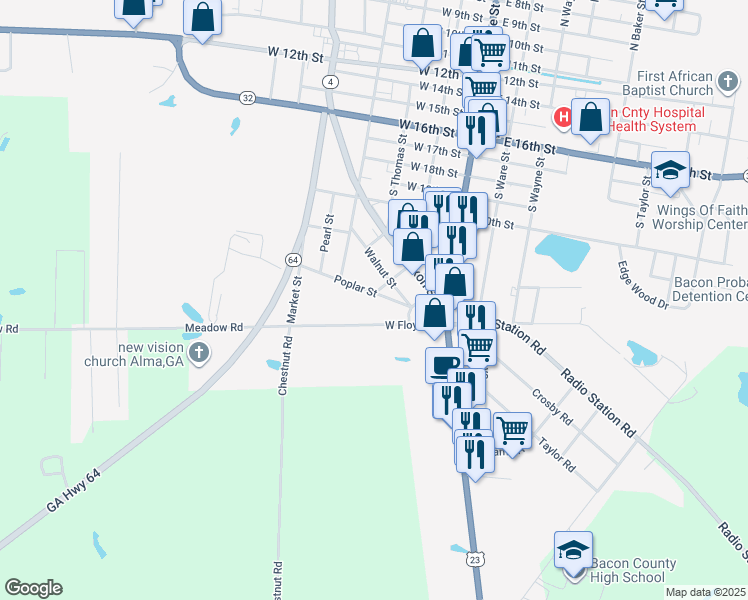map of restaurants, bars, coffee shops, grocery stores, and more near 200 Poplar Street in Alma