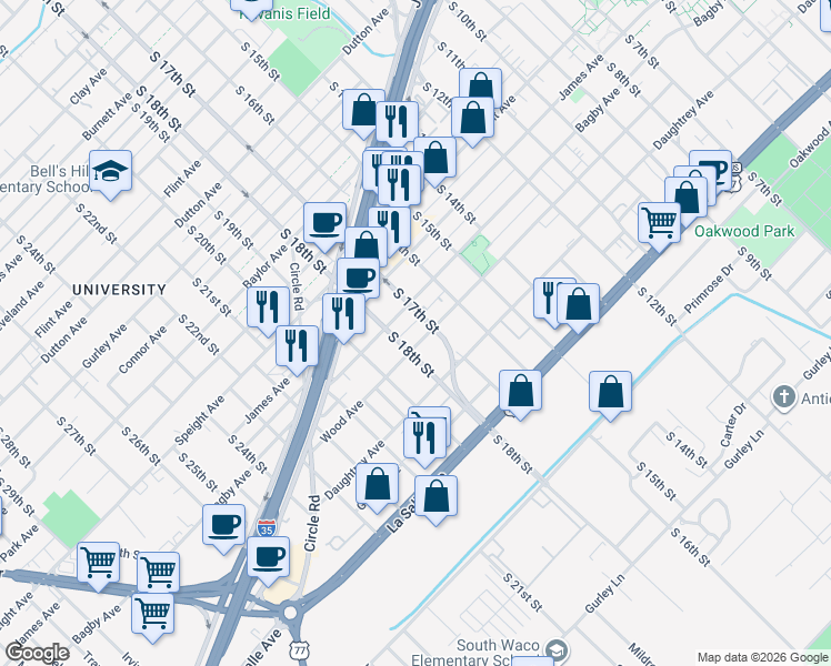 map of restaurants, bars, coffee shops, grocery stores, and more near 1903 South 17th Street in Waco