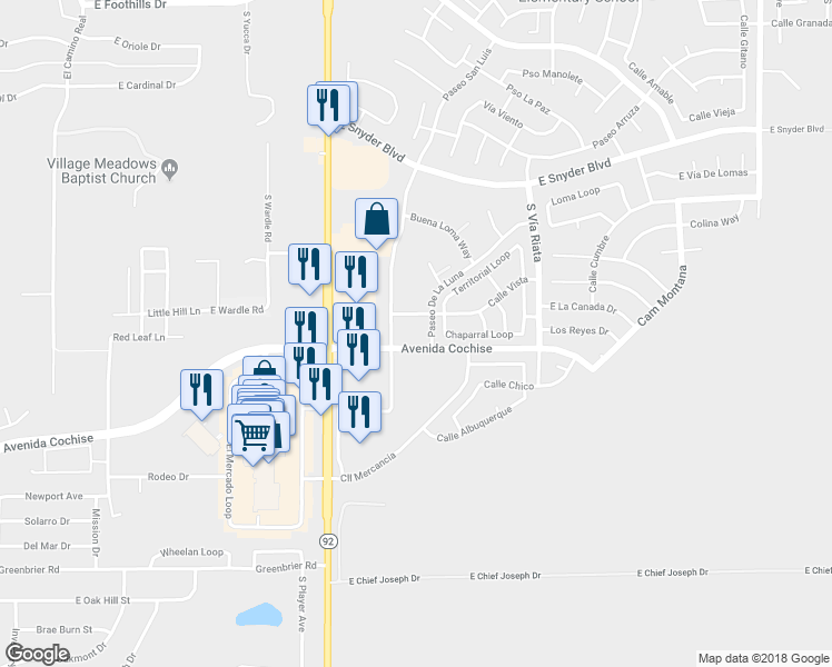 map of restaurants, bars, coffee shops, grocery stores, and more near 1948 Paseo De La Luna in Sierra Vista