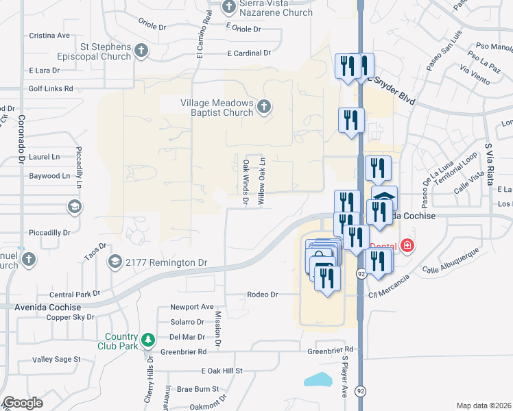 map of restaurants, bars, coffee shops, grocery stores, and more near 3468 Red Leaf Lane in Sierra Vista