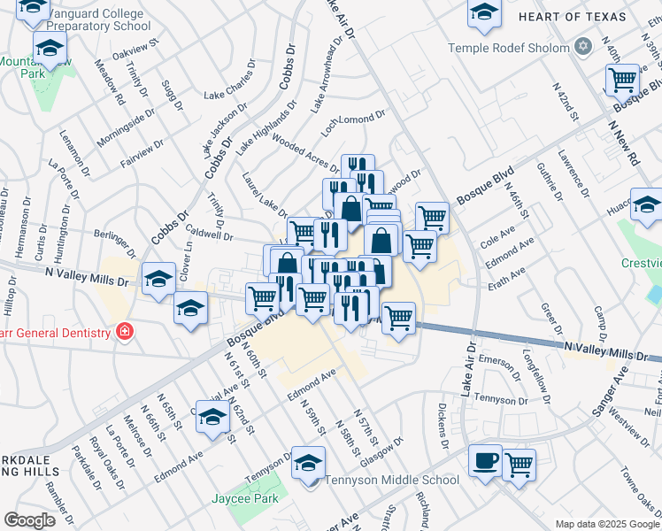 map of restaurants, bars, coffee shops, grocery stores, and more near 5401 Bosque Boulevard in Waco