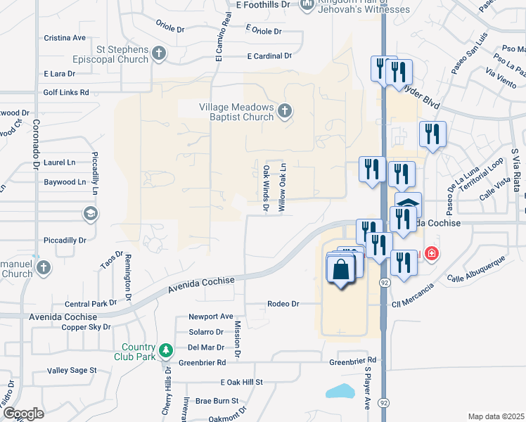 map of restaurants, bars, coffee shops, grocery stores, and more near 3285 Red Leaf Lane in Sierra Vista