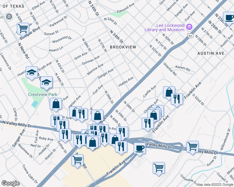 map of restaurants, bars, coffee shops, grocery stores, and more near 3819 Hubby Avenue in Waco