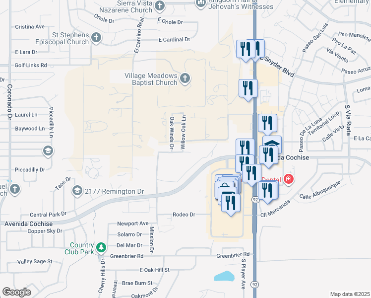 map of restaurants, bars, coffee shops, grocery stores, and more near 3457 Red Leaf Lane in Sierra Vista