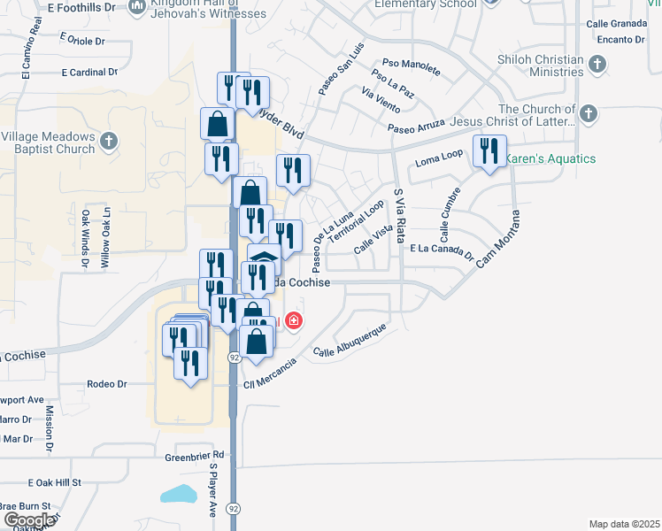 map of restaurants, bars, coffee shops, grocery stores, and more near 4450 Chaparral Loop in Sierra Vista