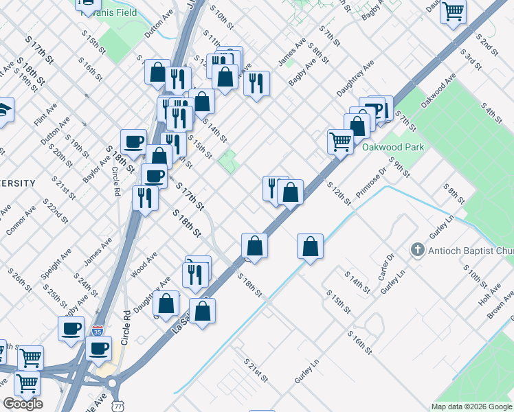 map of restaurants, bars, coffee shops, grocery stores, and more near 2024 South 16th Street in Waco