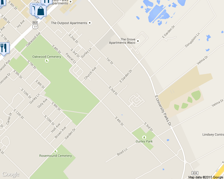 map of restaurants, bars, coffee shops, grocery stores, and more near Garden Drive in Waco