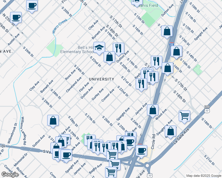map of restaurants, bars, coffee shops, grocery stores, and more near 2224 Connor Avenue in Waco