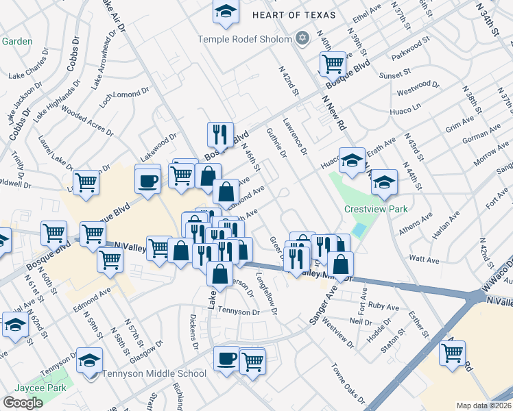map of restaurants, bars, coffee shops, grocery stores, and more near 809 Greer Drive in Waco
