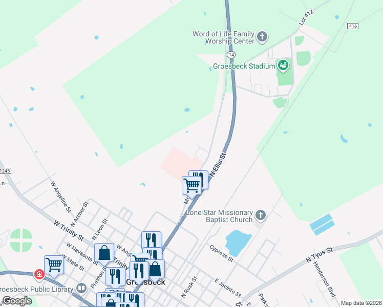map of restaurants, bars, coffee shops, grocery stores, and more near 701 McClintic Drive in Groesbeck