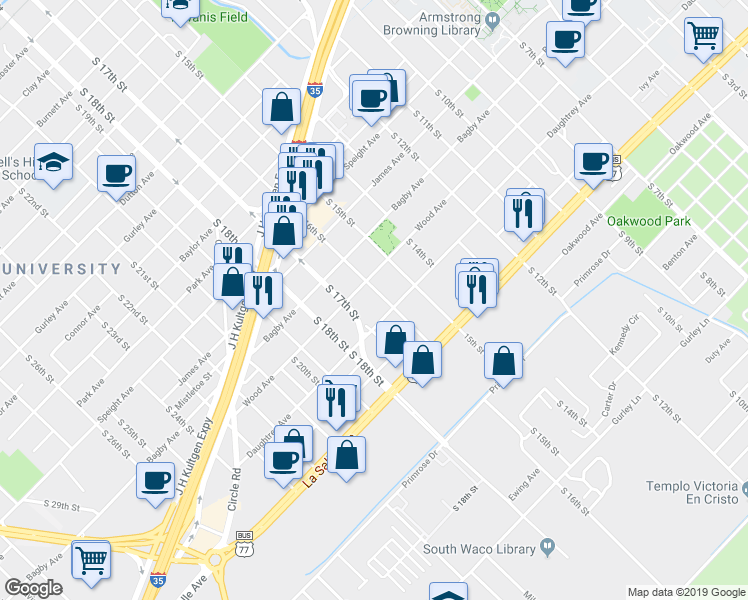 map of restaurants, bars, coffee shops, grocery stores, and more near 1913 South 16th Street in Waco