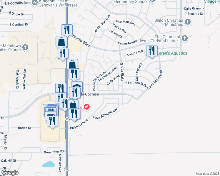 map of restaurants, bars, coffee shops, grocery stores, and more near 4586 Chaparral Loop in Sierra Vista
