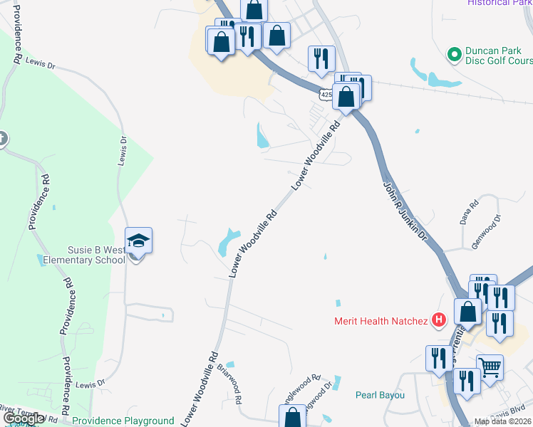 map of restaurants, bars, coffee shops, grocery stores, and more near 176 Lower Woodville Road in Natchez