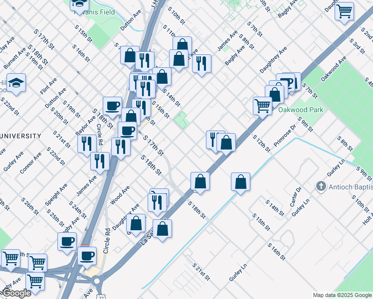 map of restaurants, bars, coffee shops, grocery stores, and more near 1925 South 16th Street in Waco
