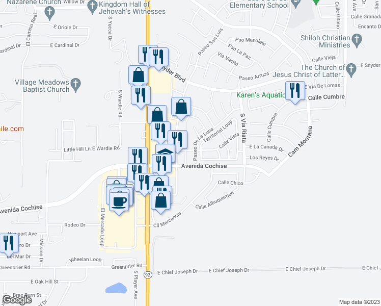 map of restaurants, bars, coffee shops, grocery stores, and more near 1936 Paseo De La Luna in Sierra Vista