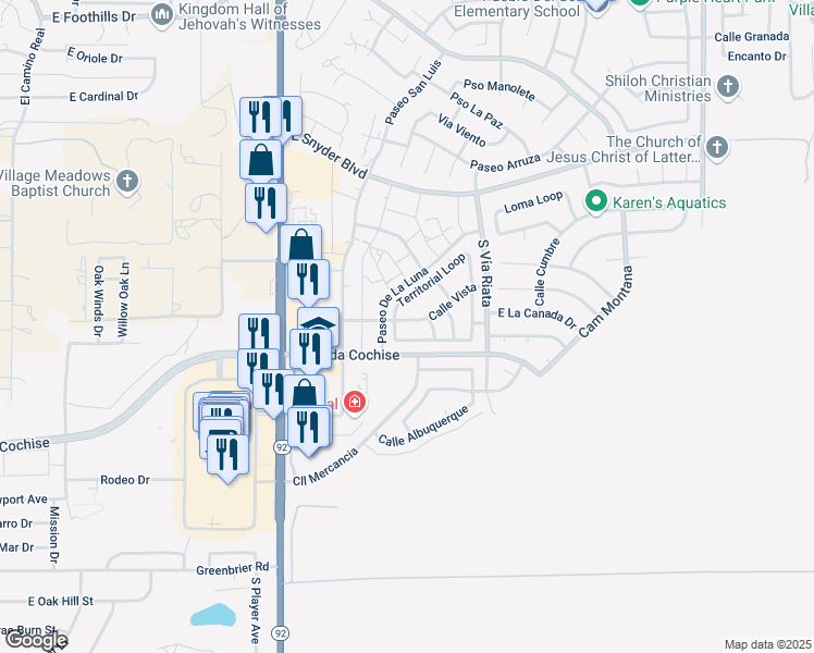 map of restaurants, bars, coffee shops, grocery stores, and more near 4468 Calle Vista in Sierra Vista