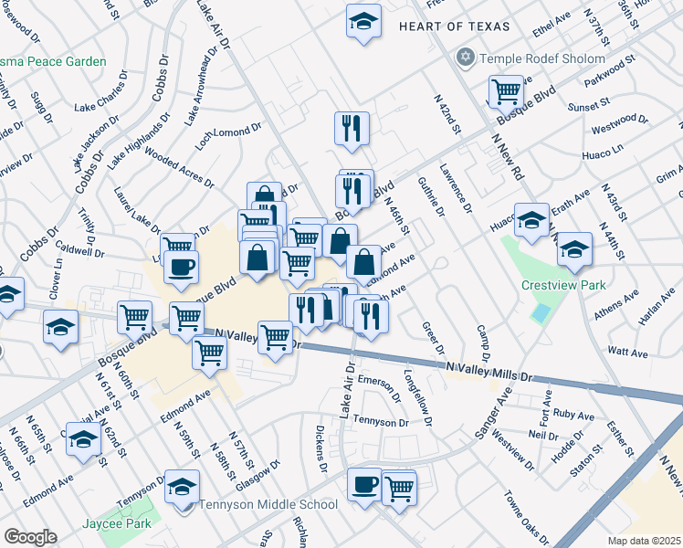 map of restaurants, bars, coffee shops, grocery stores, and more near 4716 Colonial Avenue in Waco