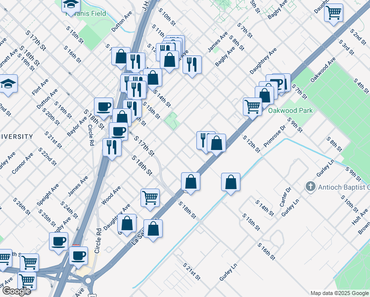 map of restaurants, bars, coffee shops, grocery stores, and more near 1423 Daughtrey Avenue in Waco