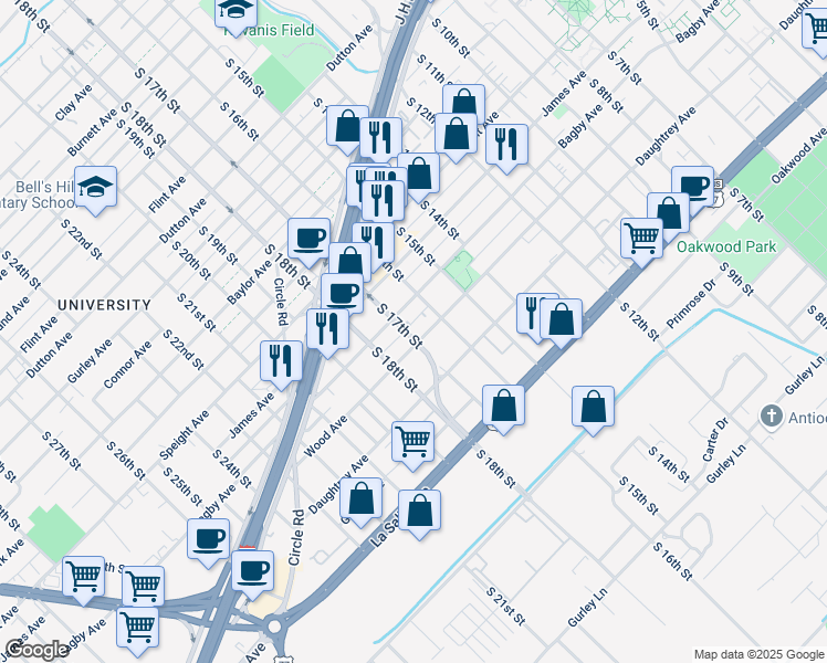 map of restaurants, bars, coffee shops, grocery stores, and more near 1606 Bagby Avenue in Waco
