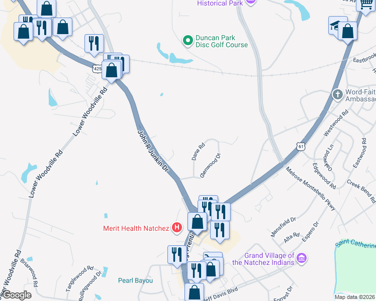 map of restaurants, bars, coffee shops, grocery stores, and more near 110 Dana Road in Natchez