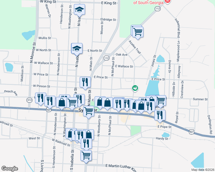 map of restaurants, bars, coffee shops, grocery stores, and more near 607 North McPhaul Street in Sylvester