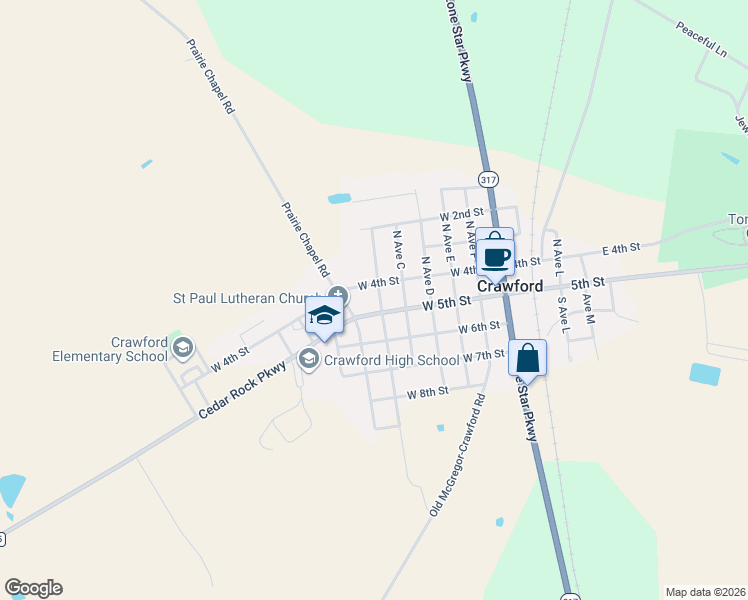 map of restaurants, bars, coffee shops, grocery stores, and more near 220 North Avenue B in Crawford
