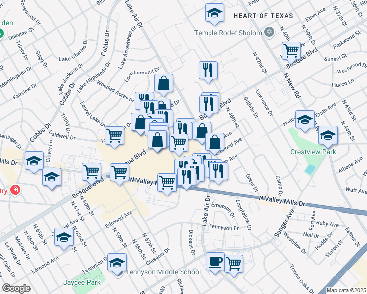 map of restaurants, bars, coffee shops, grocery stores, and more near 1301 Wooded Acres Drive in Waco
