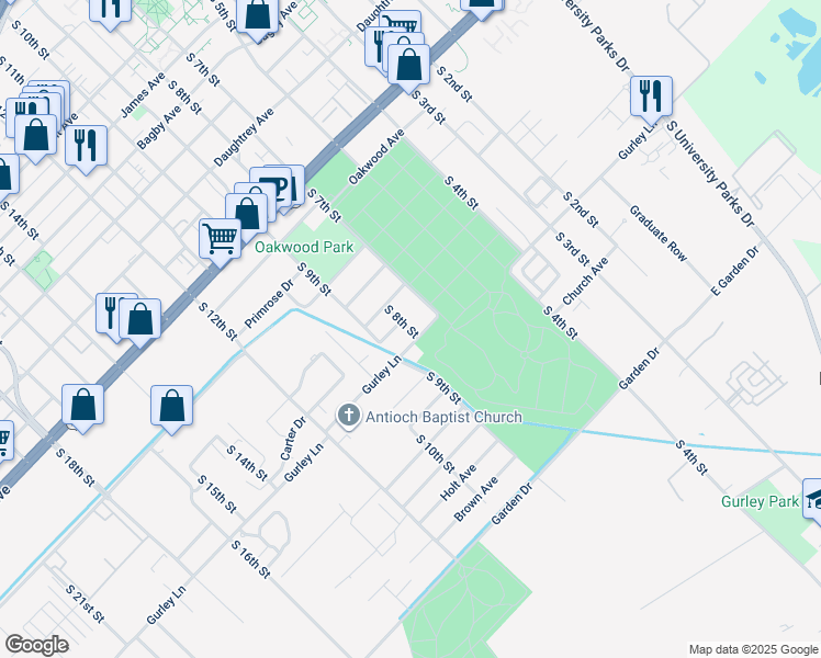 map of restaurants, bars, coffee shops, grocery stores, and more near 2621 South 7th Street in Waco