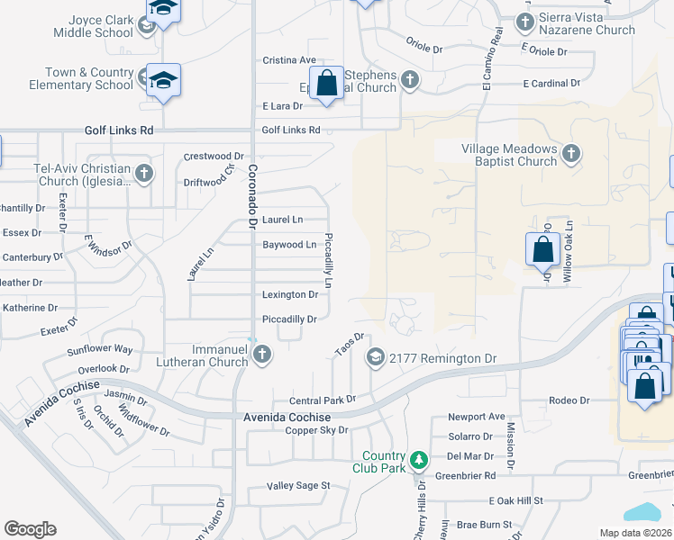 map of restaurants, bars, coffee shops, grocery stores, and more near 1832 Piccadilly Lane in Sierra Vista