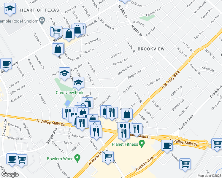 map of restaurants, bars, coffee shops, grocery stores, and more near 4200 Sanger Avenue in Waco