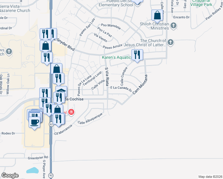 map of restaurants, bars, coffee shops, grocery stores, and more near 4826 La Canada in Sierra Vista