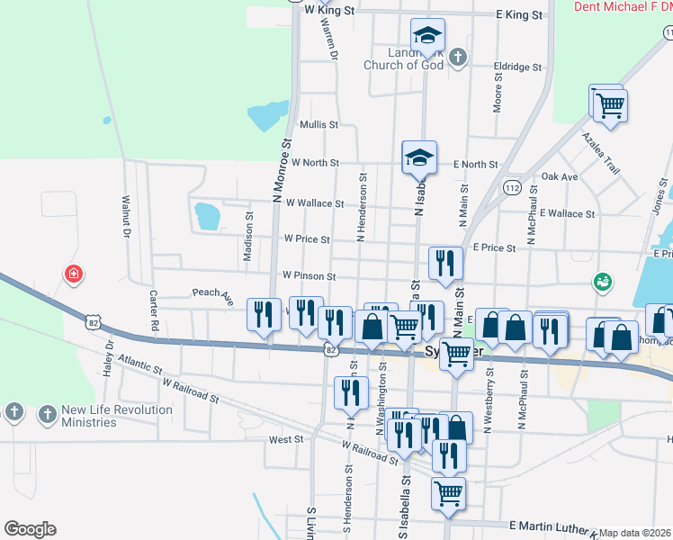 map of restaurants, bars, coffee shops, grocery stores, and more near 606 North Livingston Street in Sylvester