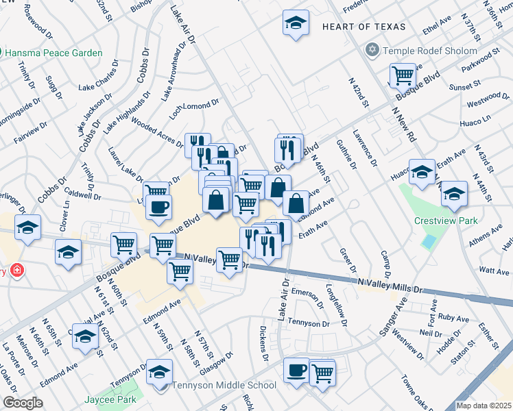 map of restaurants, bars, coffee shops, grocery stores, and more near 1301 Wooded Acres Drive in Waco