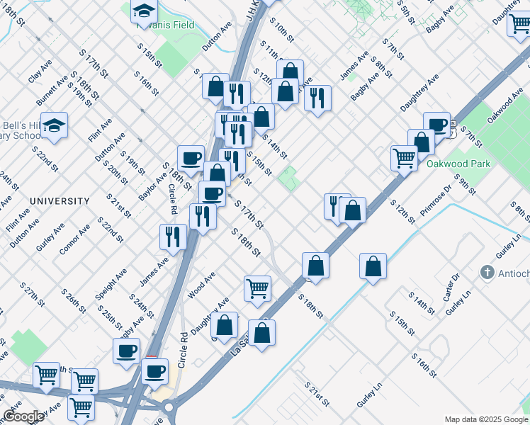 map of restaurants, bars, coffee shops, grocery stores, and more near 1606 Bagby Avenue in Waco