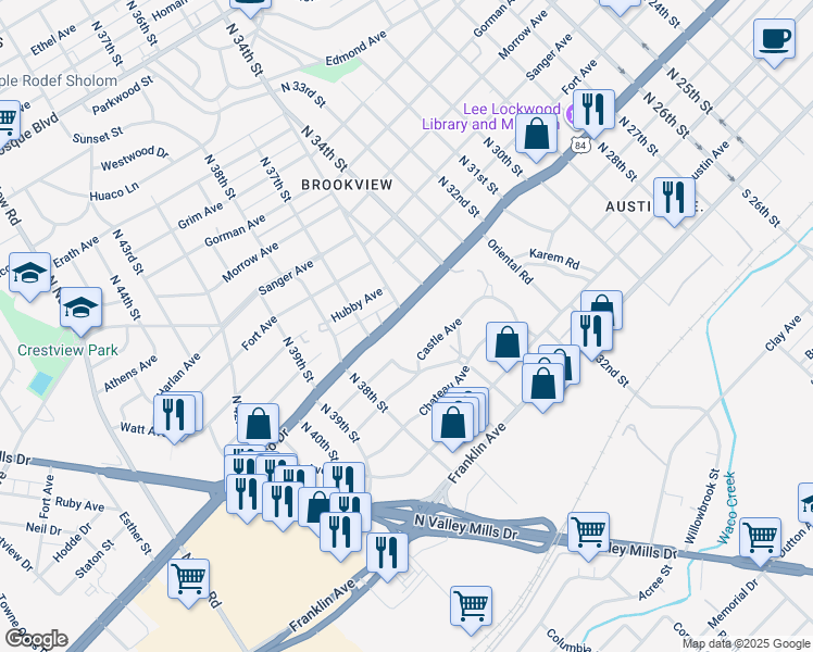 map of restaurants, bars, coffee shops, grocery stores, and more near 3620 West Waco Drive in Waco
