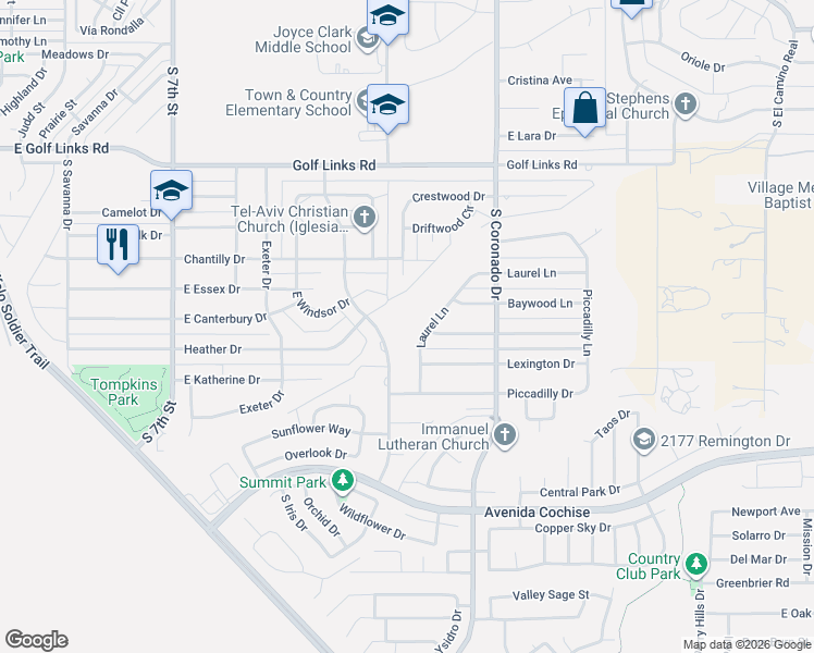 map of restaurants, bars, coffee shops, grocery stores, and more near 1849 Laurel Lane in Sierra Vista