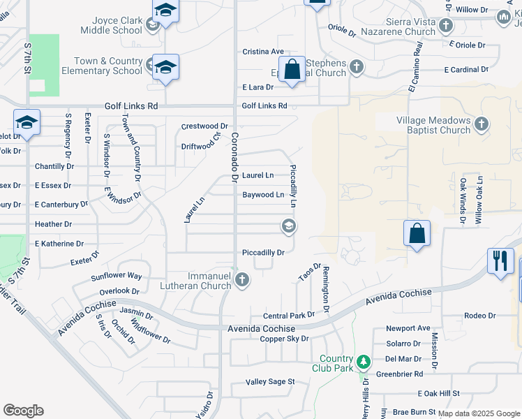 map of restaurants, bars, coffee shops, grocery stores, and more near 2100 Baywood Lane in Sierra Vista