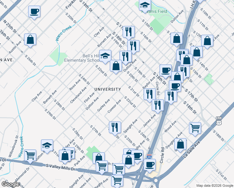 map of restaurants, bars, coffee shops, grocery stores, and more near 1204 South 22nd Street in Waco